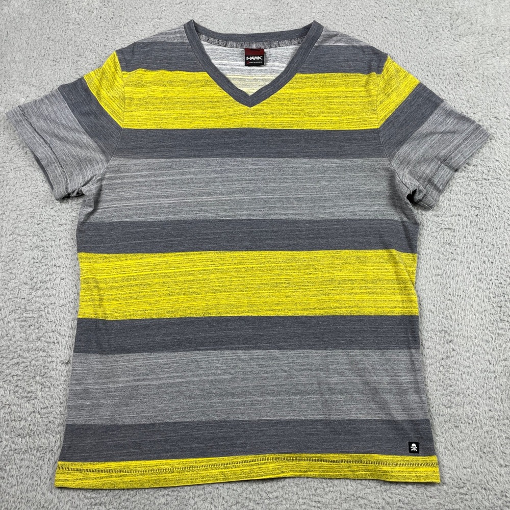 Tony Hawk Striped V-Neck T-Shirt Mens Large‎ Grey Yellow Skate Short Sleeve